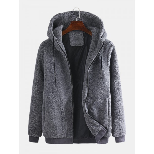 Mens New Zipper Cardigan Casual Loose Particle Velvet Short Hooded Coat