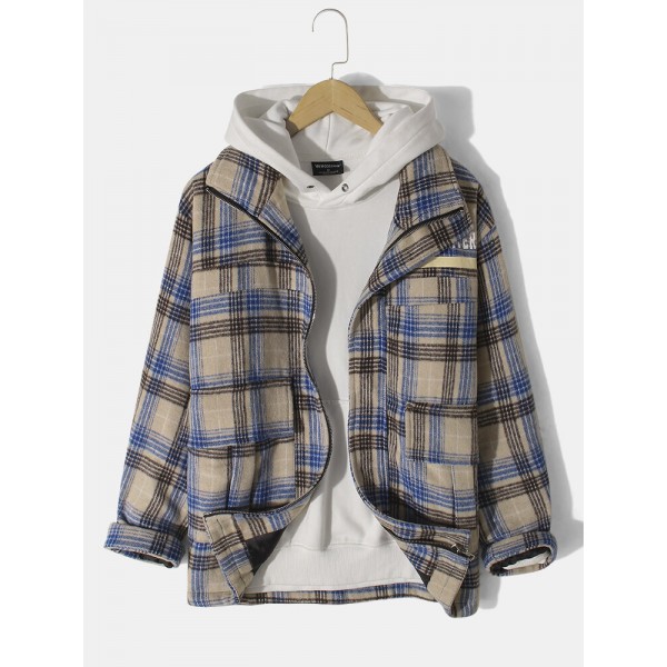 Mens Letter Print Plaid Zipper Warm Long Sleeve Jacket With Pocket