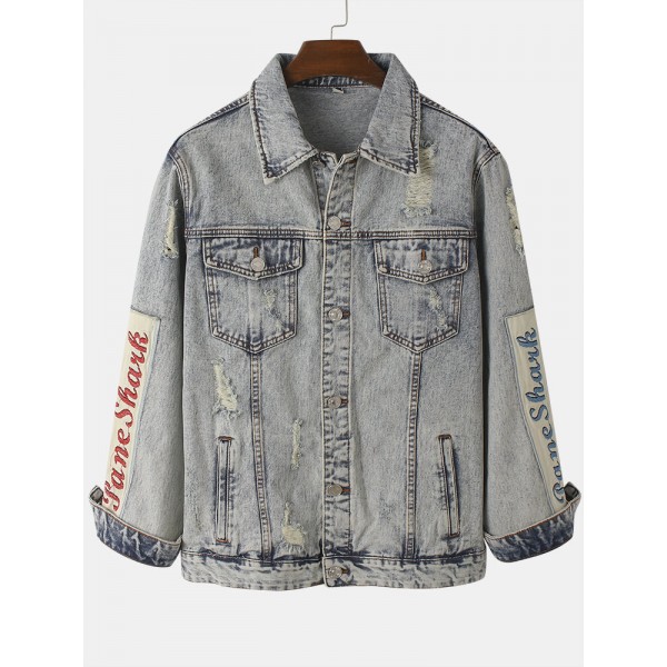 Mens Vintage Distressed Ripped Patch Casual Cotton Denim Jacket