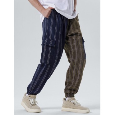 Mens Two Tone Striped Patchwork Flap Pocket Cotton Pants