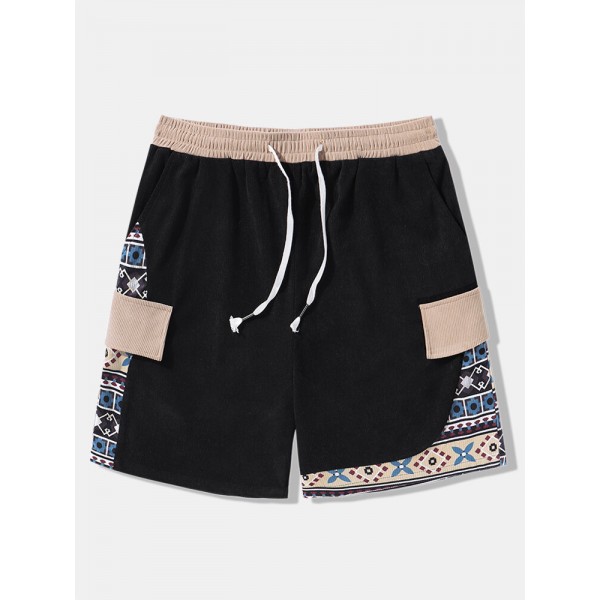 Mens Ethnic Geometric Print Patchwork Corduroy Drawstring Waist Shorts