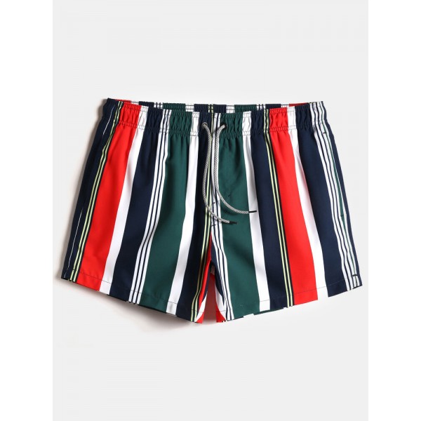 Mens Colorful Stripe Drawstring Pocket Quick Dry Holiday Board Shorts