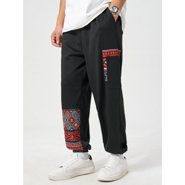 Mens Ethnic Geometric Print Patchwork Loose Drawstring Sweatpants