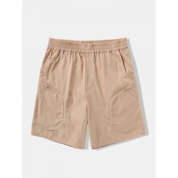 Mens Solid Color Zip Pocket Casual Elastic Waist Shorts