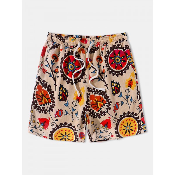 Mens Floral Totem Print Casual Drawstring Waist Shorts