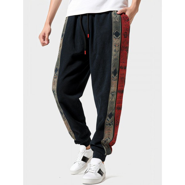 Mens Ethnic Totem Print Patchwork Loose Drawstring Waist Pants