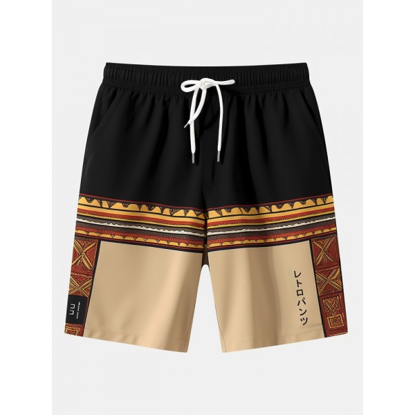 Mens Ethnic Pattern Patchwork Drawstring Waist Shorts With Pocket