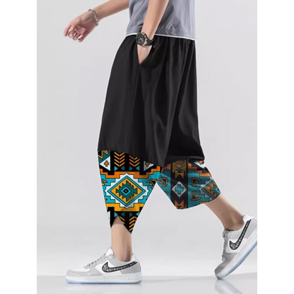 Mens Geometric Print Cuff Patchwork Cotton Cropped Pants