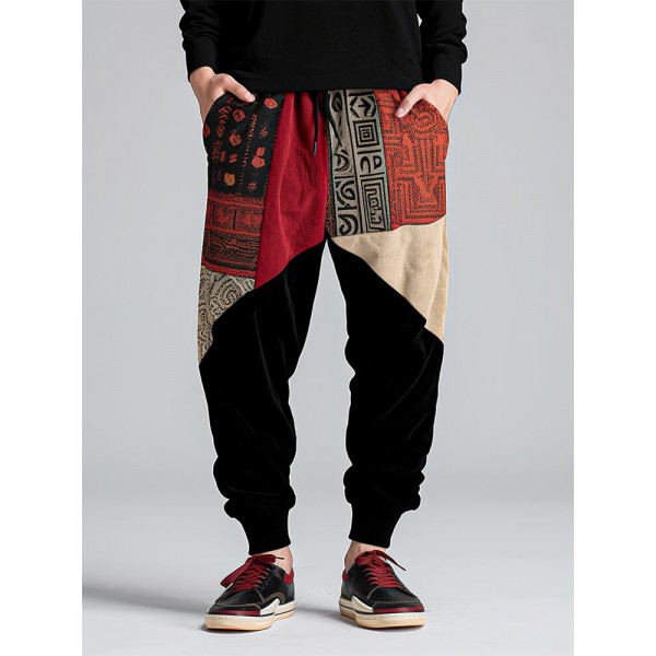 Mens Ethnic Tribal Pattern Patchwork Loose Drawstring Waist Pants