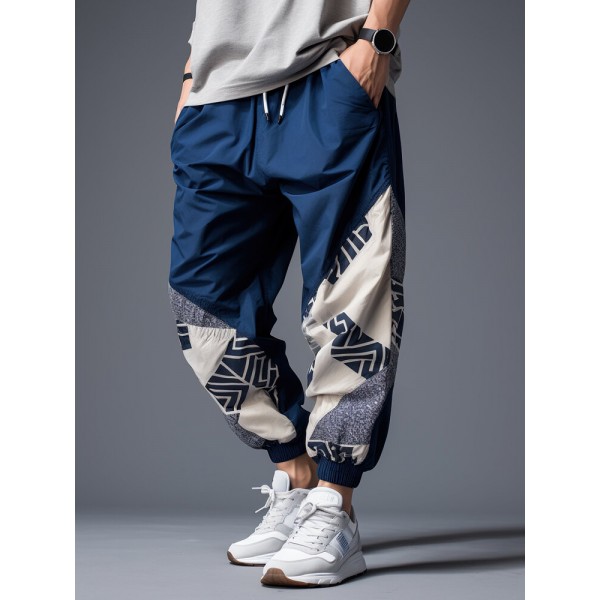 Mens Ethnic Geometric Pattern Patchwork Loose Drawstring Jogger Pants