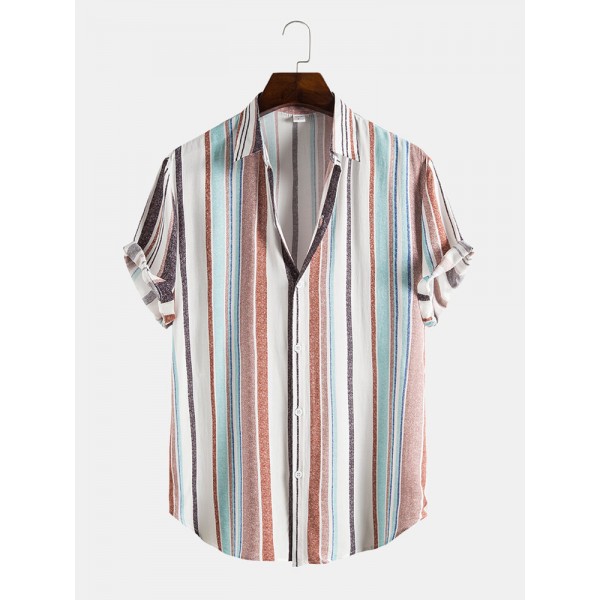 Mens Stripe Print Short Sleeve Lapel Regular Hem Preppy Shirt