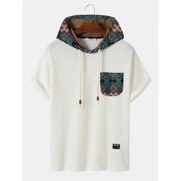 Mens Vintage Geometric Pattern Short Sleeve Knit Hooded T-Shirts