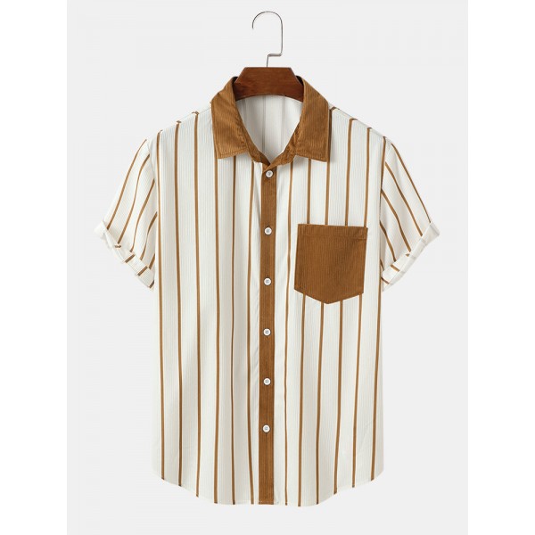 Mens Striped Chest Pocket Button Up Corduroy Short Sleeve Shirts