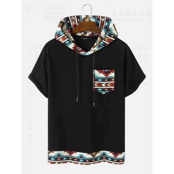 Mens Geometric Print Patchwork Chest Pocket Short Sleeve Hooded T-Shirts