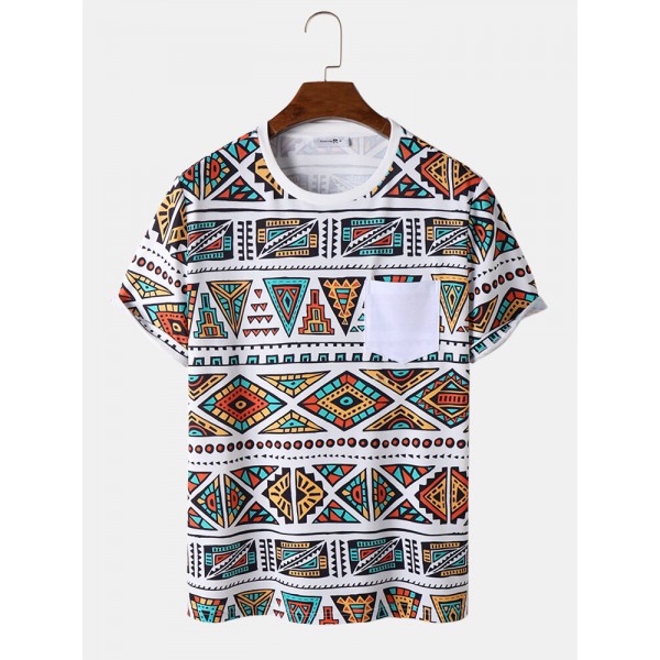 Mens Colorful Geometric Print Chest Pocket Ethnic Short Sleeve T-Shirts