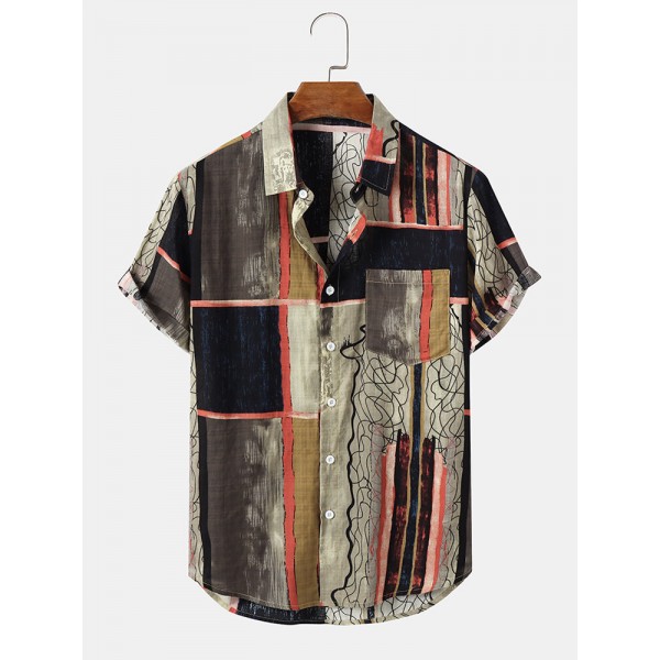 Mens Ethnic Gauze Brush Print Buttons Up Short Sleeve Shirts