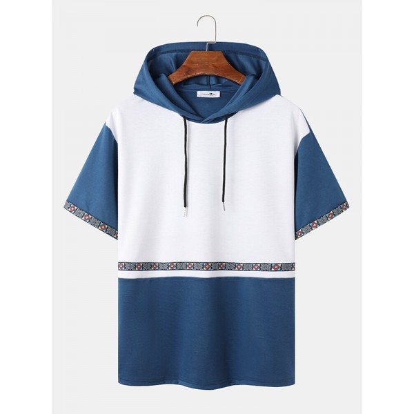 Mens Geometric Pattern Ribbon Patchwork Short Sleeve Hooded T-Shirts