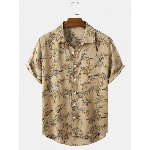 Mens Casual Leaf Print Pocket Shirts