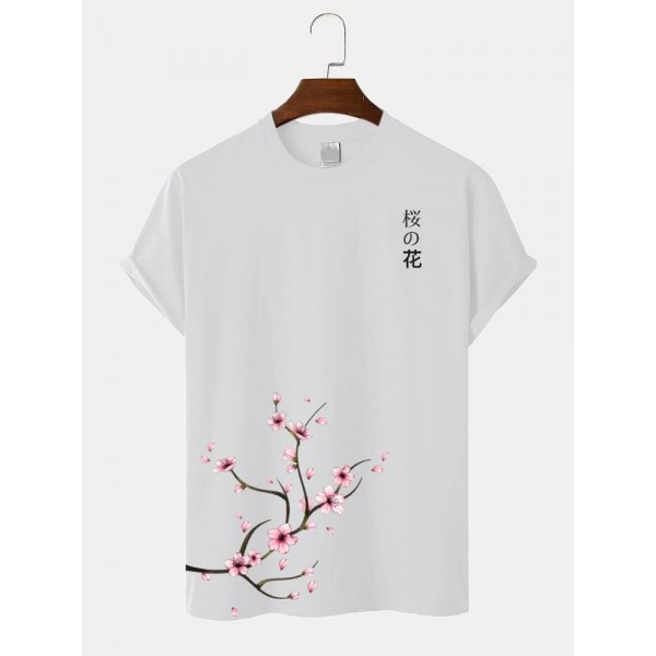 Mens Cherry Blossoms Print Japanese Style Cotton Short Sleeve T-Shirts