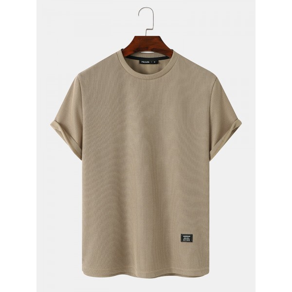 Mens Solid Color Applique Crew Neck Knitted Short Sleeve T-Shirts