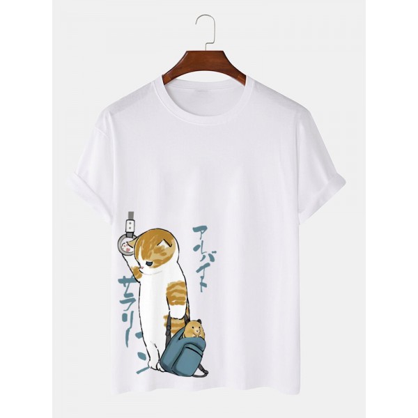 Mens Japanese Style Cat Print Crew Neck Cotton Short Sleeve T-Shirts