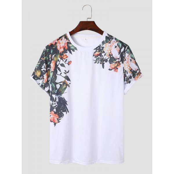 Mens Floral Print Crew Neck Holiday Short Sleeve T-Shirts