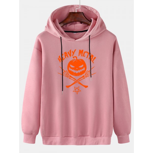 Mens Halloween Pumpkin & Letter Print Drop Shoulder Long Sleeve Design Hoodies