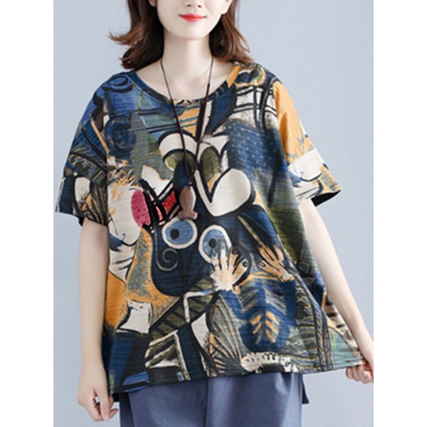 Women Multi Printing Round Neck Half Sleeve Casual Loose Blouses