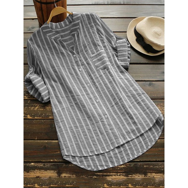 Women Stripe V-neck Buttons 3/4 Fold Sleeve Irregular Blouse