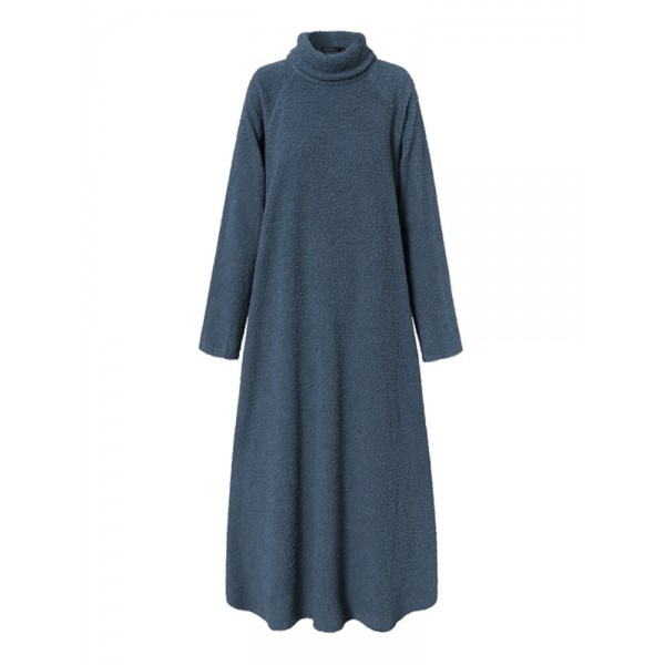 Women Fleece Long Solid Turtleneck Long Sleeve Ankle Length Casual Dresses