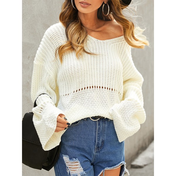 Solid Drop Shoulder Hollow Loose Long Sleeve Sweater