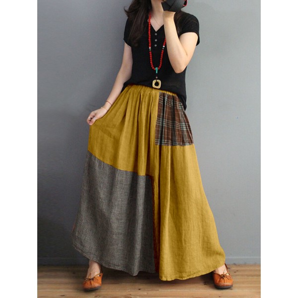 Women Plaid Patchwork Elastic Waist Swing Skirt With Pocket