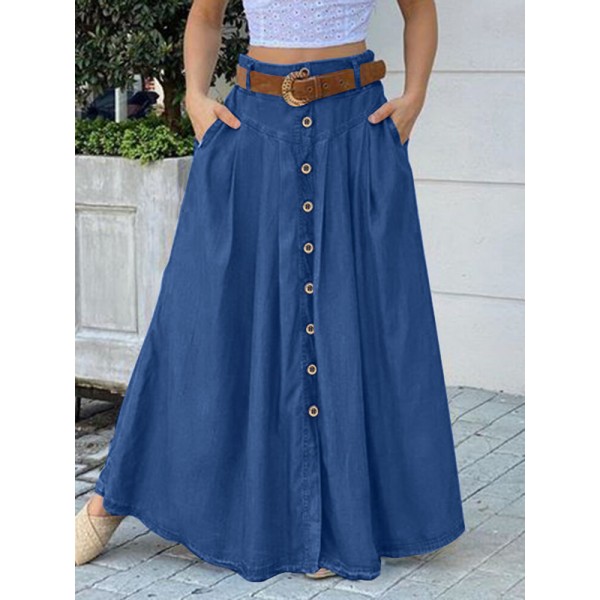 Women Solid Color Bottom Front Loose Casual Long Skirt With Pocket