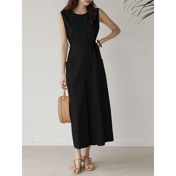 Solid Pocket Knotted Sleeveless Round Neck Casual Jumpsuit