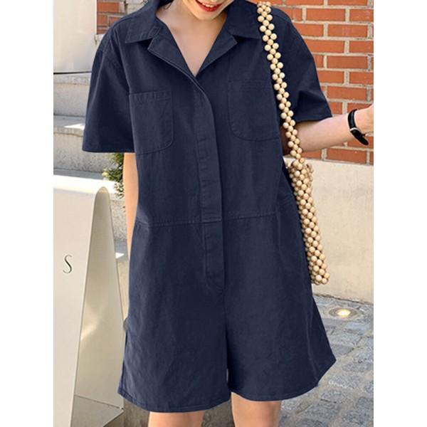 Women Solid Color Button Lapel Short Sleeve Loose Casual Jumpsuit With Pocket