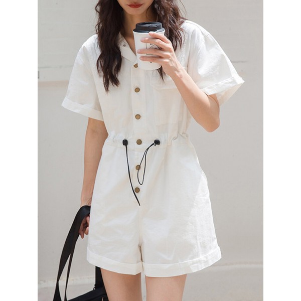 Solid Drawstring Waist Pocket Lapel Short Sleeve Cargo Romper