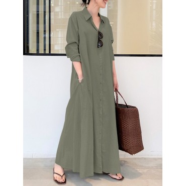 Women Retro Solid Color Turn-Down Collar Loose Casual Shirt Dress With Pocket