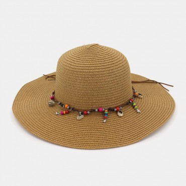 Women Sunscreen Vacation Beach Sun Hat Foldable Stylish Wild Brim Trinket Chain 