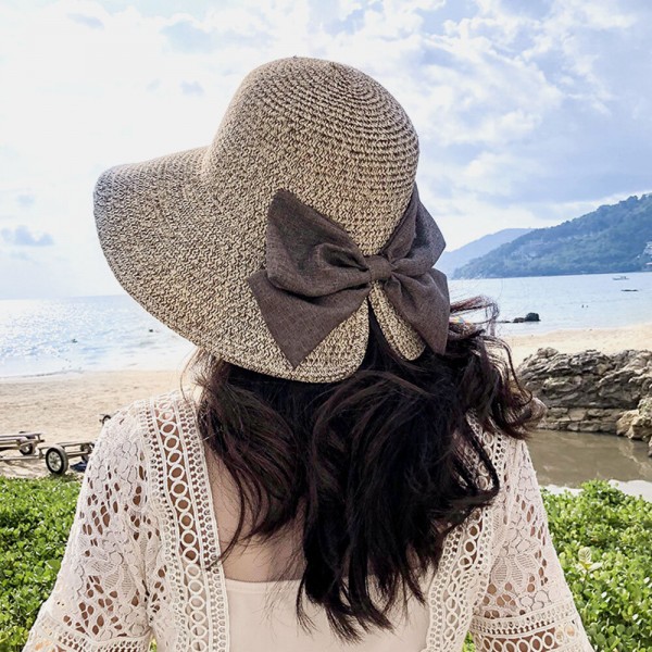 Women Rear Split Design Three-dimensional Hat Brim Straw Hat Big Bow Decoration 